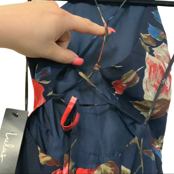 NWT Lulu’s Navy Blue Floral Maxi Dress Tie Back XS - Picture 7 of 8